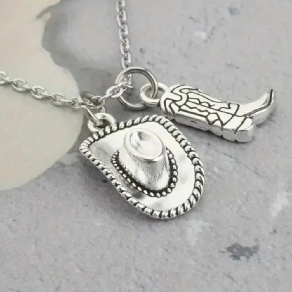 NEW Silver Cowboy Hat and Boot Pendant Necklace